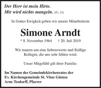 Traueranzeige von Simone Arndt  von Magdeburger Volksstimme