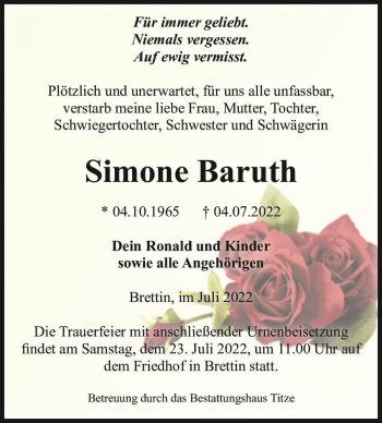 Traueranzeige von Simone Baruth  von Magdeburger Volksstimme