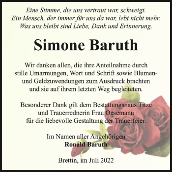 Traueranzeige von Simone Baruth  von Magdeburger Volksstimme