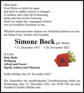 Traueranzeige von Simone Bock (geb. Bonitz)  von Magdeburger Volksstimme