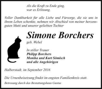 Traueranzeige von Simone Borchers (geb. Webel)  von Magdeburger Volksstimme