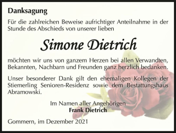 Traueranzeige von Simone Dietrich  von Magdeburger Volksstimme