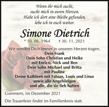 Traueranzeige von Simone Dietrich  von Magdeburger Volksstimme