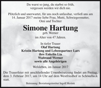 Traueranzeige von Simone Hartung (geb. Werner)  von Magdeburger Volksstimme