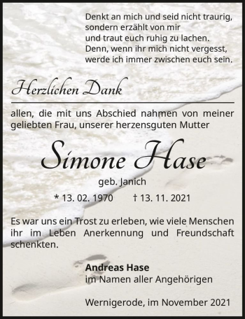 Traueranzeige von Simone Hase (geb. Janich)  von Magdeburger Volksstimme