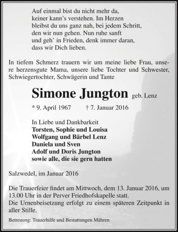 Traueranzeige von Simone Jungton (geb. Lenz)  von Magdeburger Volksstimme