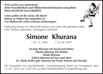 Traueranzeige von Simone Khurana  von Magdeburger Volksstimme