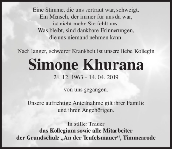 Traueranzeige von Simone Khurana  von Magdeburger Volksstimme