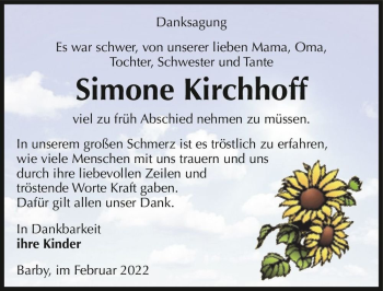 Traueranzeige von Simone Kirchhoff  von Magdeburger Volksstimme