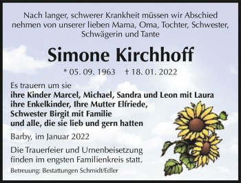 Traueranzeige von Simone Kirchhoff  von Magdeburger Volksstimme