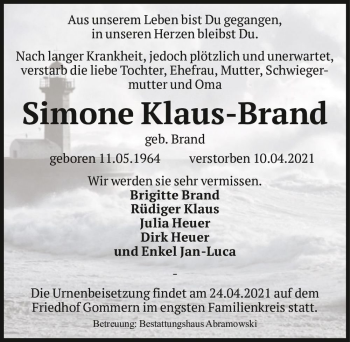 Traueranzeige von Simone Klaus-Brand (geb. Brand)  von Magdeburger Volksstimme