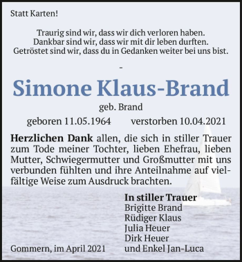 Traueranzeige von Simone Klaus-Brand (geb. Brand)  von Magdeburger Volksstimme