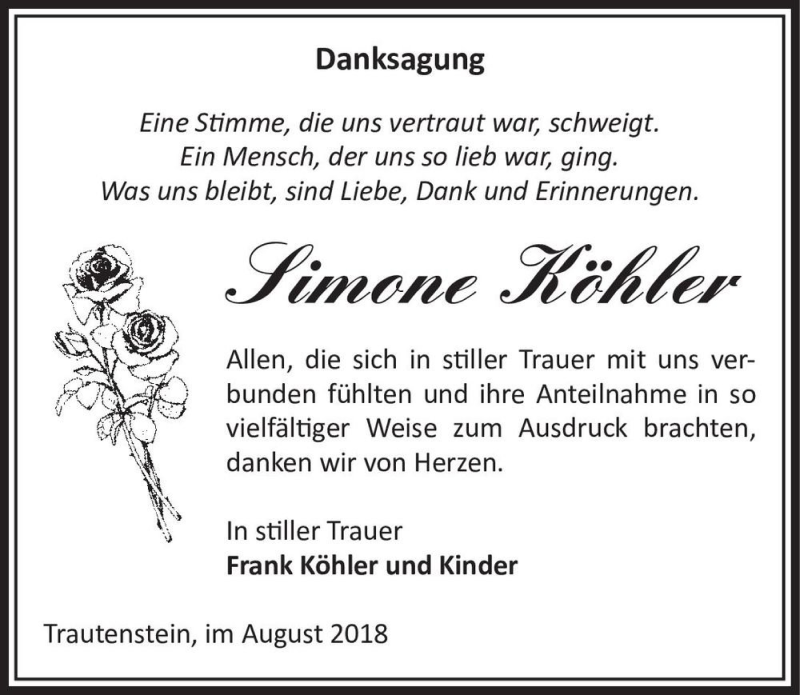  Traueranzeige für Simone Köhler  vom 25.08.2018 aus Magdeburger Volksstimme