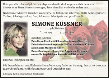 Traueranzeige von Simone Küssner (geb. Weidner)  von Magdeburger Volksstimme