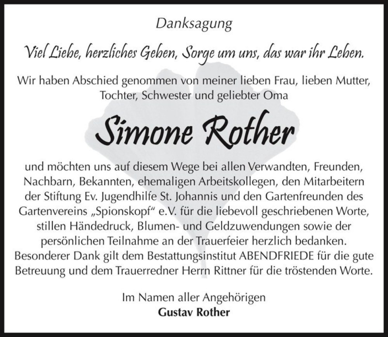  Traueranzeige für Simone Rother  vom 19.08.2017 aus Magdeburger Volksstimme
