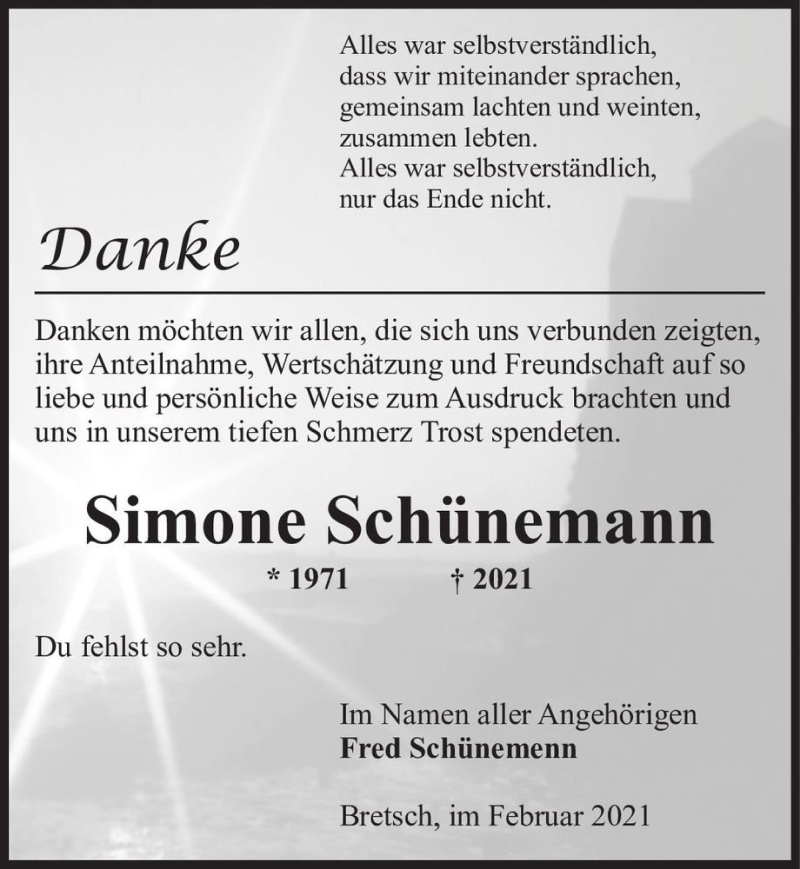  Traueranzeige für Simone Schünemann  vom 27.02.2021 aus Magdeburger Volksstimme