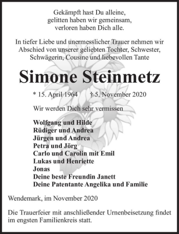 Traueranzeige von Simone Steinmetz  von Magdeburger Volksstimme
