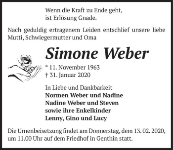 Traueranzeige von Simone Weber  von Magdeburger Volksstimme