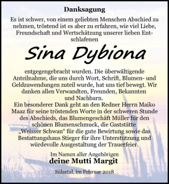 Traueranzeige von Sina Dybiona  von Magdeburger Volksstimme