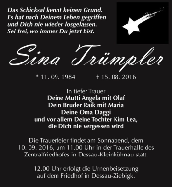 Traueranzeige von Sina Trümpler  von Magdeburger Volksstimme