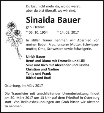 Traueranzeige von Sinaida Bauer (geb. Oehme)  von Magdeburger Volksstimme