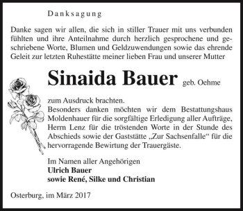 Traueranzeige von Sinaida Bauer (geb. Oehme)  von Magdeburger Volksstimme