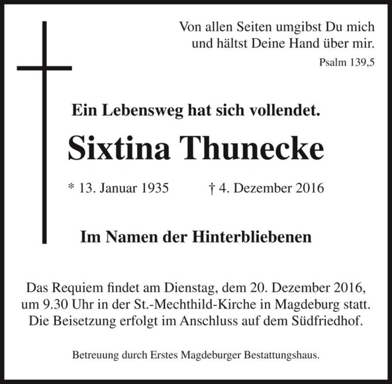  Traueranzeige für Sixtina Thunecke  vom 17.12.2016 aus Magdeburger Volksstimme