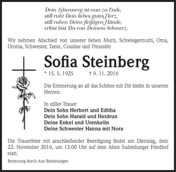Traueranzeige von Sofia Steinberg  von Magdeburger Volksstimme