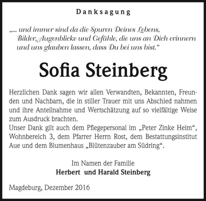 Traueranzeige für Sofia Steinberg  vom 03.12.2016 aus Magdeburger Volksstimme