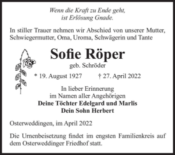 Traueranzeige von Sofie Röper (geb. Schröder)  von Magdeburger Volksstimme