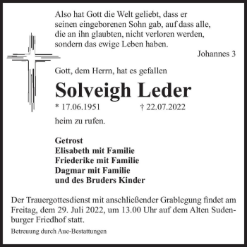 Traueranzeige von Solveigh Leder  von Magdeburger Volksstimme