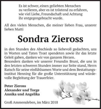 Traueranzeige von Sondra Zieross  von Magdeburger Volksstimme