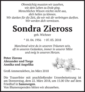 Traueranzeige von Sondra Zieross (geb. Wichner)  von Magdeburger Volksstimme