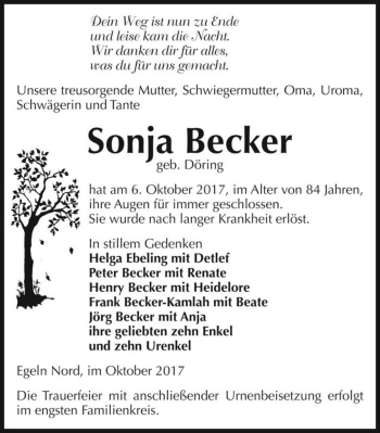 Traueranzeige von Sonja Becker (geb. Döring)  von Magdeburger Volksstimme