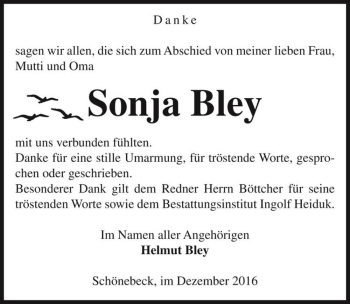 Traueranzeige von Sonja Bley  von Magdeburger Volksstimme