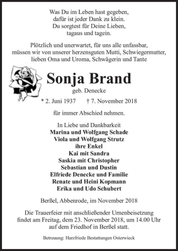 Traueranzeige von Sonja Brand (geb. Denecke)  von Magdeburger Volksstimme