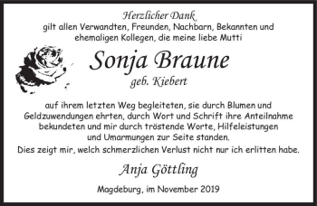Traueranzeige von Sonja Braune (geb. Kiebert)  von Magdeburger Volksstimme