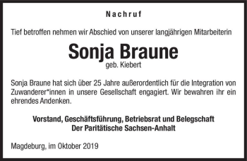Traueranzeige von Sonja Braune (geb. Kiebert)  von Magdeburger Volksstimme