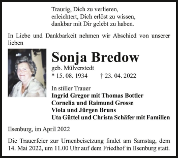 Traueranzeige von Sonja Bredow (geb. Mülverstedt)  von Magdeburger Volksstimme