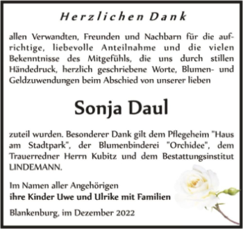 Traueranzeige von Sonja Daul  von Magdeburger Volksstimme