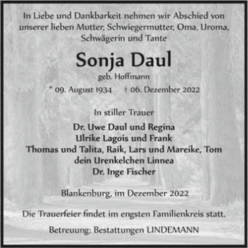 Traueranzeige von Sonja Daul (geb. Hoffmann)  von Magdeburger Volksstimme