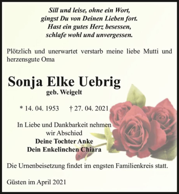 Traueranzeige von Sonja Elke Uebrig (geb. Weigelt)  von Magdeburger Volksstimme