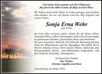 Traueranzeige von Sonja Erna Wehr (geb. Krebs)  von Magdeburger Volksstimme