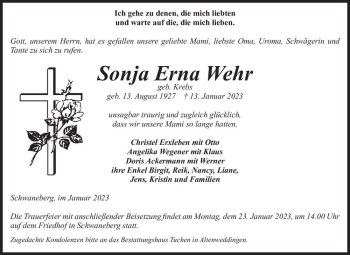 Traueranzeige von Sonja Erna Wehr (geb. Krebs)  von Magdeburger Volksstimme
