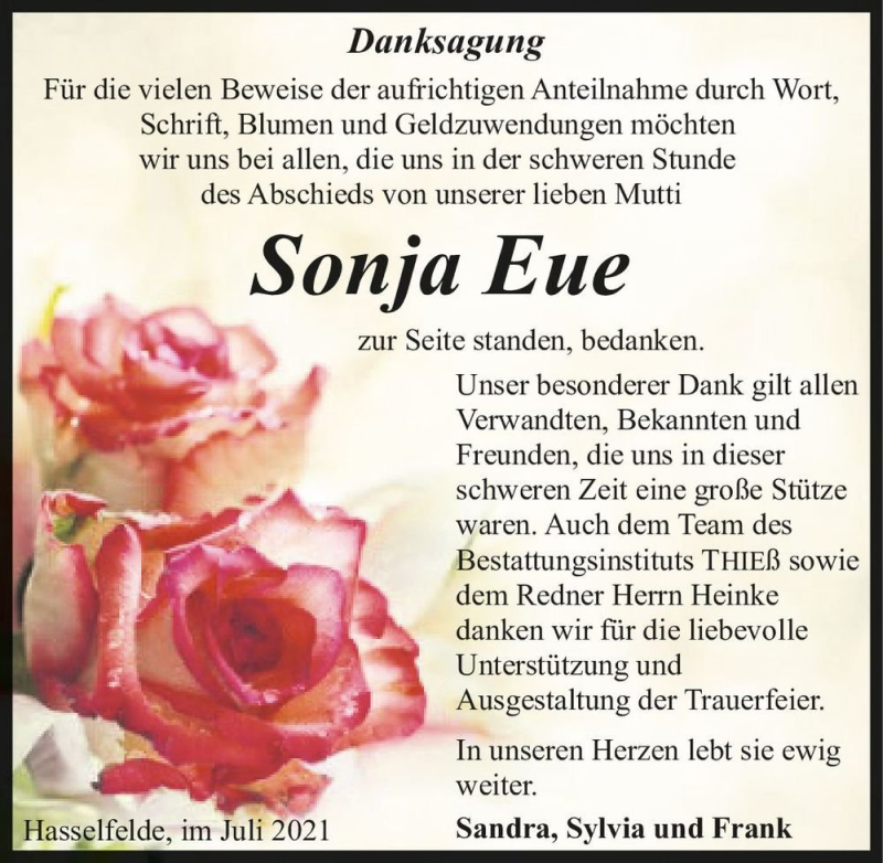  Traueranzeige für Sonja Eue  vom 10.07.2021 aus Magdeburger Volksstimme