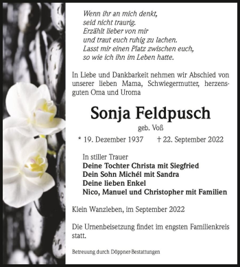 Traueranzeige von Sonja Feldpusch (geb. Voß)  von Magdeburger Volksstimme