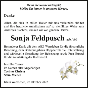 Traueranzeige von Sonja Feldpusch (geb. Voß)  von Magdeburger Volksstimme