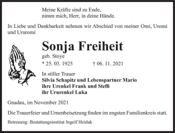 Traueranzeige von Sonja Freiheit (geb. Stoye)  von Magdeburger Volksstimme