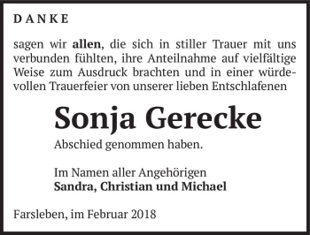 Traueranzeige von Sonja Gerecke  von Magdeburger Volksstimme