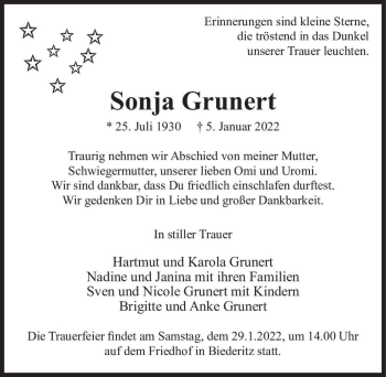 Traueranzeige von Sonja Grunert  von Magdeburger Volksstimme